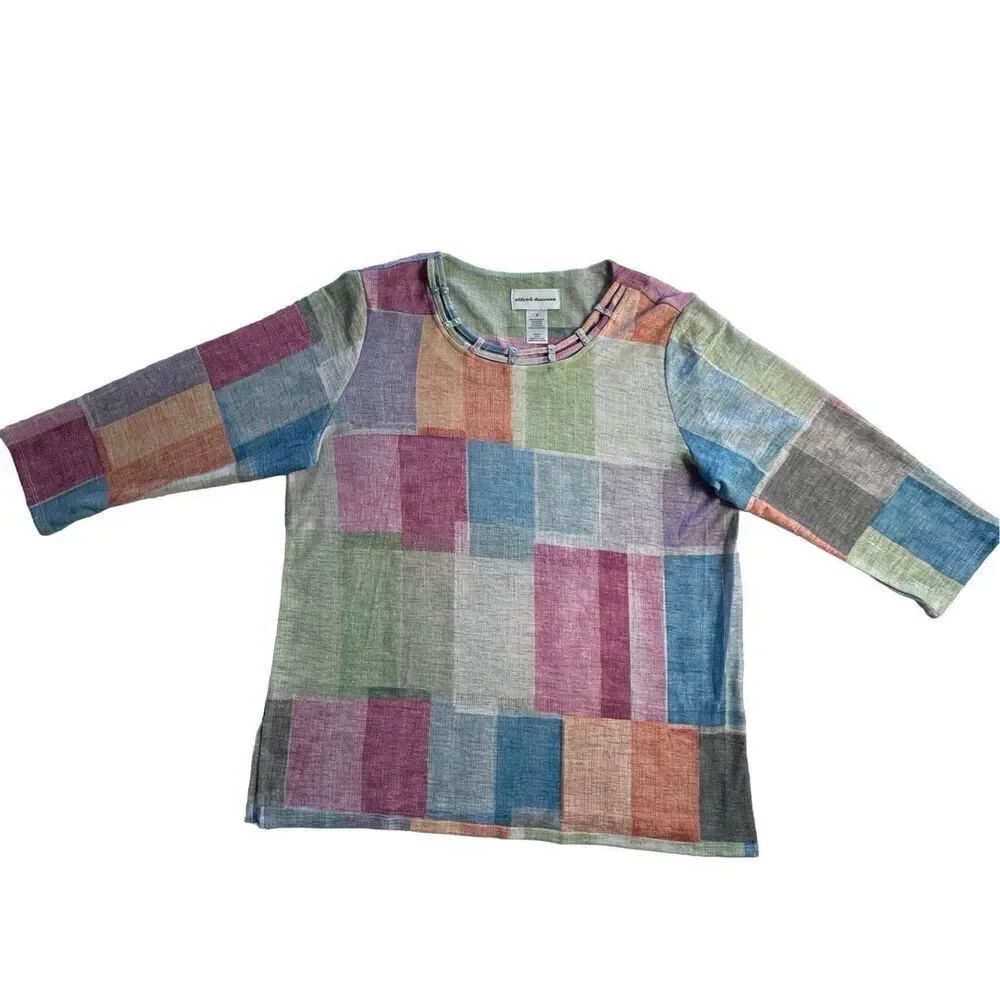 Alfred Dunner Women’s Large Swiss Chalet Checkered Round Neck 3/4 Sleeve Top